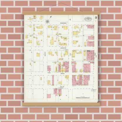 Old map wall art mockup — magnetic wood frame on brick wall — Sanborn Fire Insurance Map from Jefferson, Marion County, Texas (1901), Sheet #0003