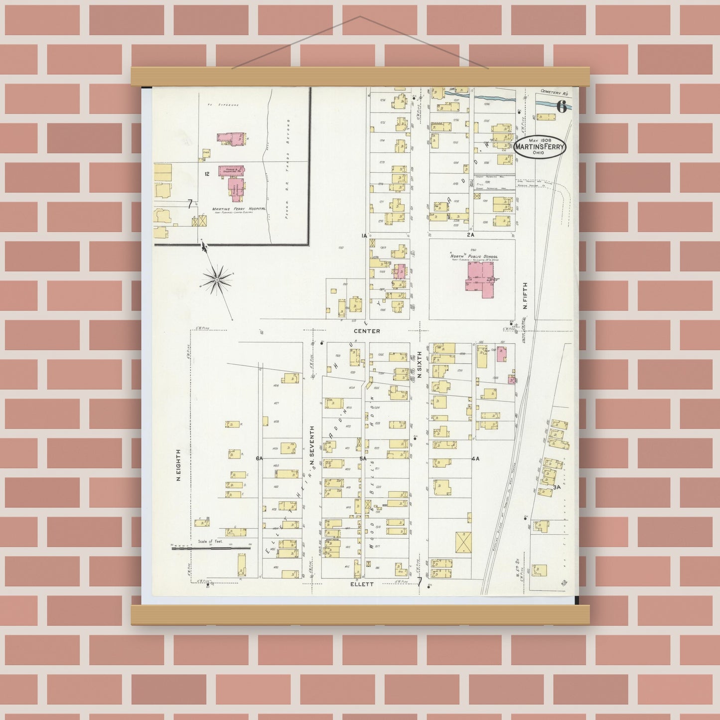 Old map wall art mockup — magnetic wood frame on brick wall — Sanborn Fire Insurance Map from Martins Ferry, Belmont County, Ohio (1908), Sheet #0006