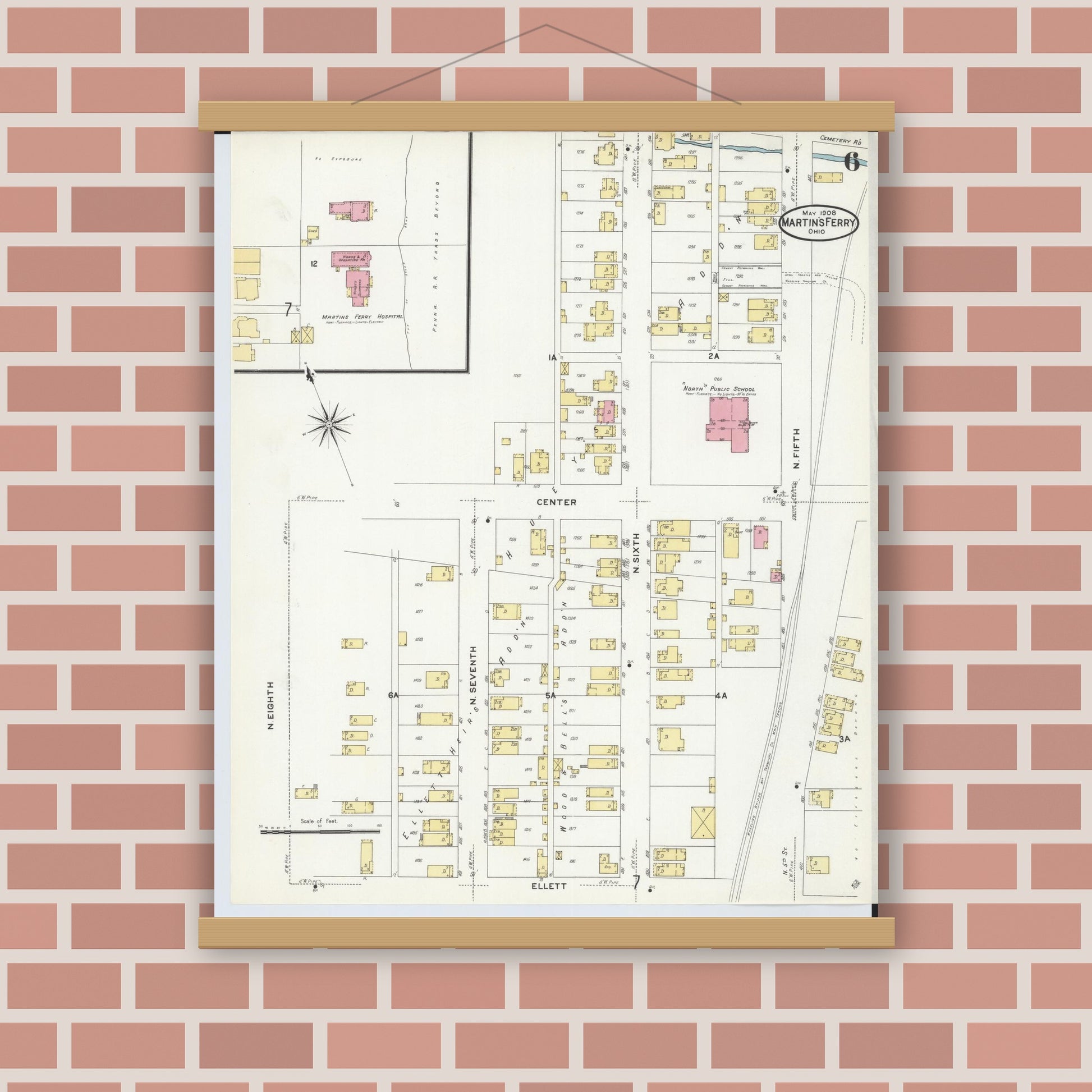 Old map wall art mockup — magnetic wood frame on brick wall — Sanborn Fire Insurance Map from Martins Ferry, Belmont County, Ohio (1908), Sheet #0006