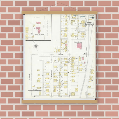 Old map wall art mockup — magnetic wood frame on brick wall — Sanborn Fire Insurance Map from Martins Ferry, Belmont County, Ohio (1908), Sheet #0006