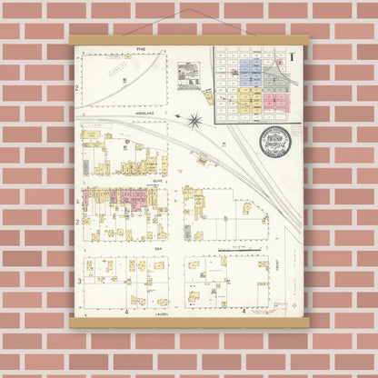Old map wall art mockup — magnetic wood frame on brick wall — Sanborn Fire Insurance Map from Davis, Yolo County, California (1907), Sheet #0001