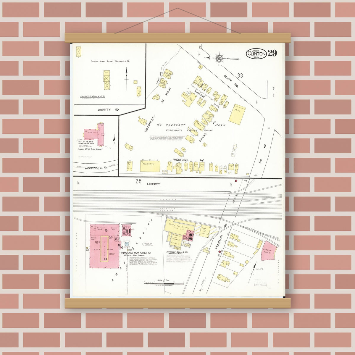 Old map wall art mockup — magnetic wood frame on brick wall — Sanborn Fire Insurance Map from Clinton, Clinton County, Iowa (1917), Sheet #0029