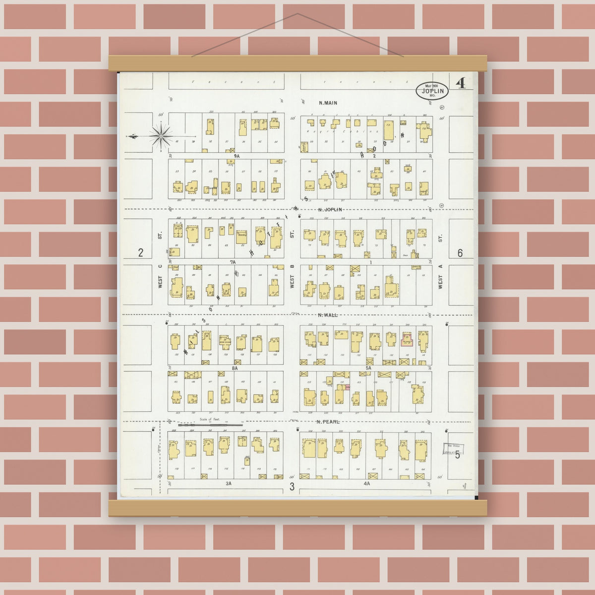 Old map wall art mockup — magnetic wood frame on brick wall — Sanborn Fire Insurance Map from Joplin, Jasper County, Missouri (1900), Sheet #0004