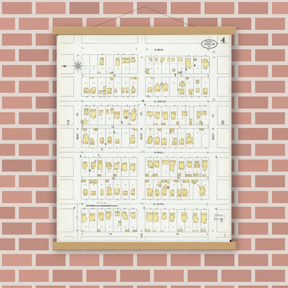Old map wall art mockup — magnetic wood frame on brick wall — Sanborn Fire Insurance Map from Joplin, Jasper County, Missouri (1900), Sheet #0004
