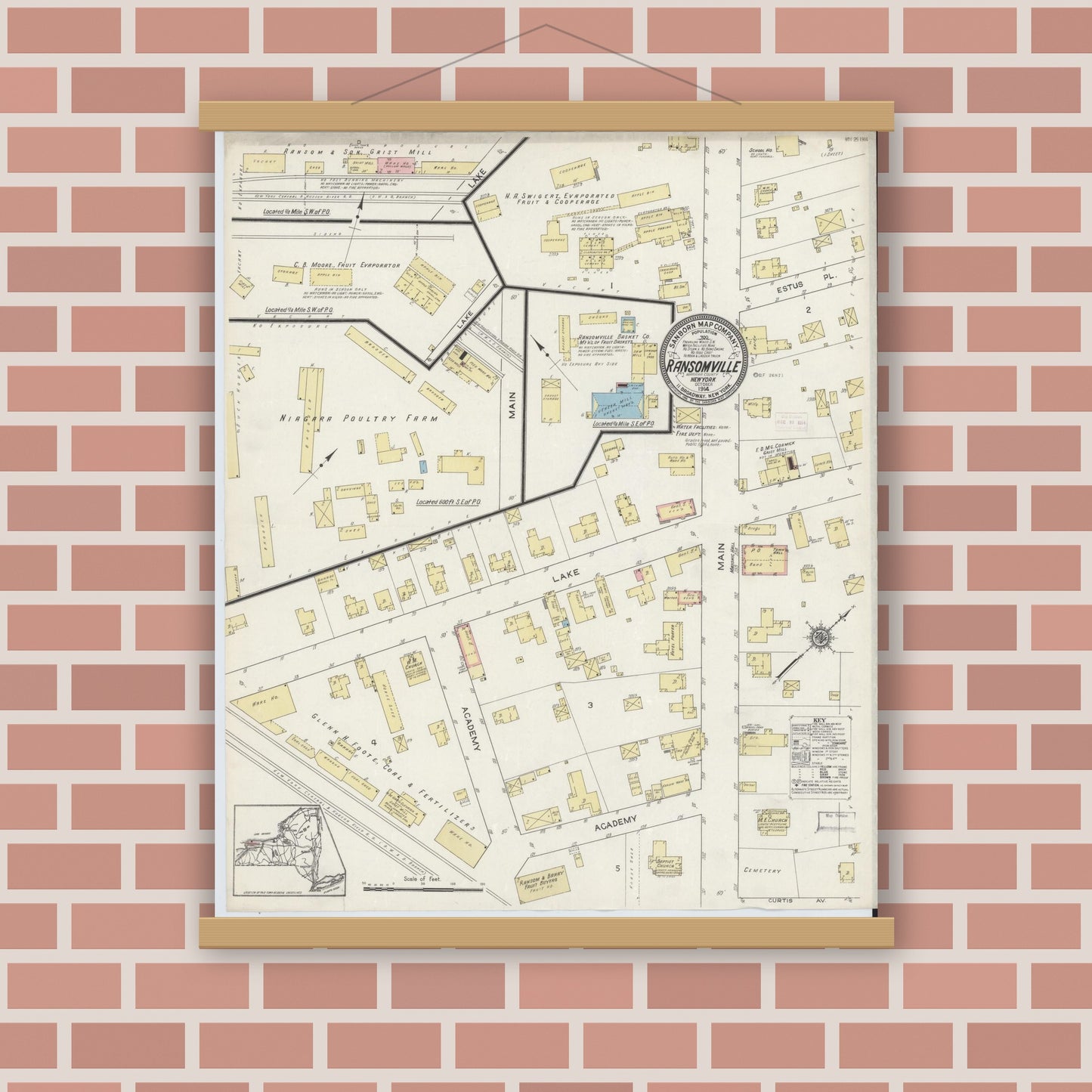 Old map wall art mockup — magnetic wood frame on brick wall — Sanborn Fire Insurance Map from Ransomville, Niagara County, New York (1914), Sheet #0001
