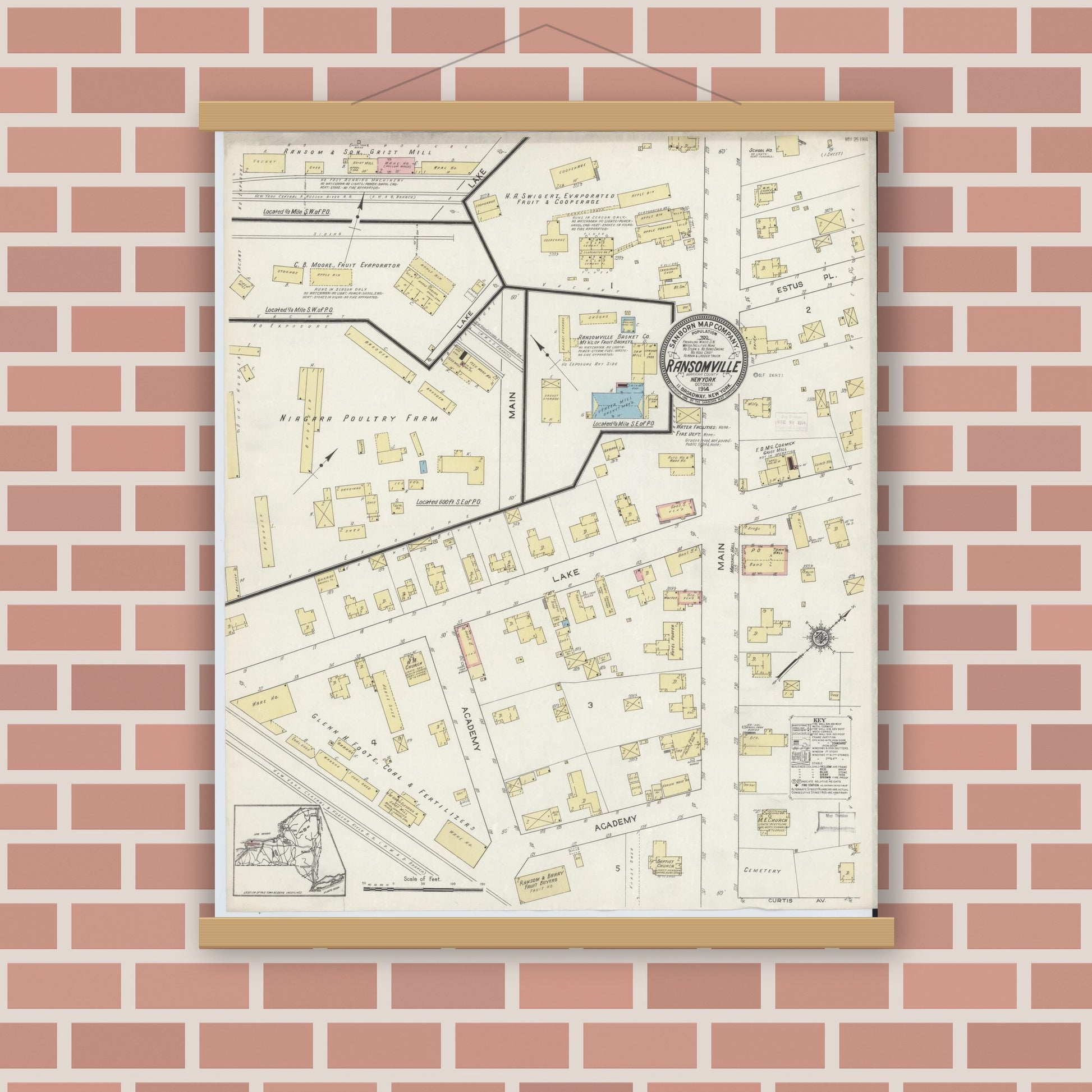 Old map wall art mockup — magnetic wood frame on brick wall — Sanborn Fire Insurance Map from Ransomville, Niagara County, New York (1914), Sheet #0001
