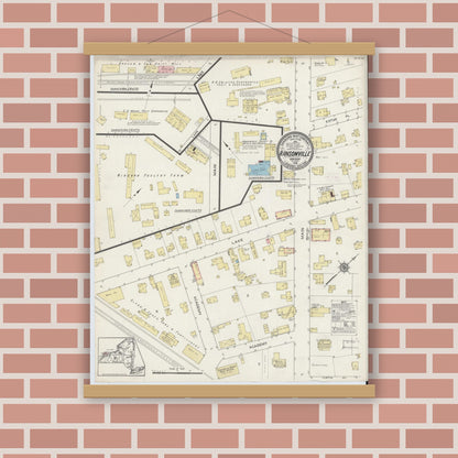 Old map wall art mockup — magnetic wood frame on brick wall — Sanborn Fire Insurance Map from Ransomville, Niagara County, New York (1914), Sheet #0001
