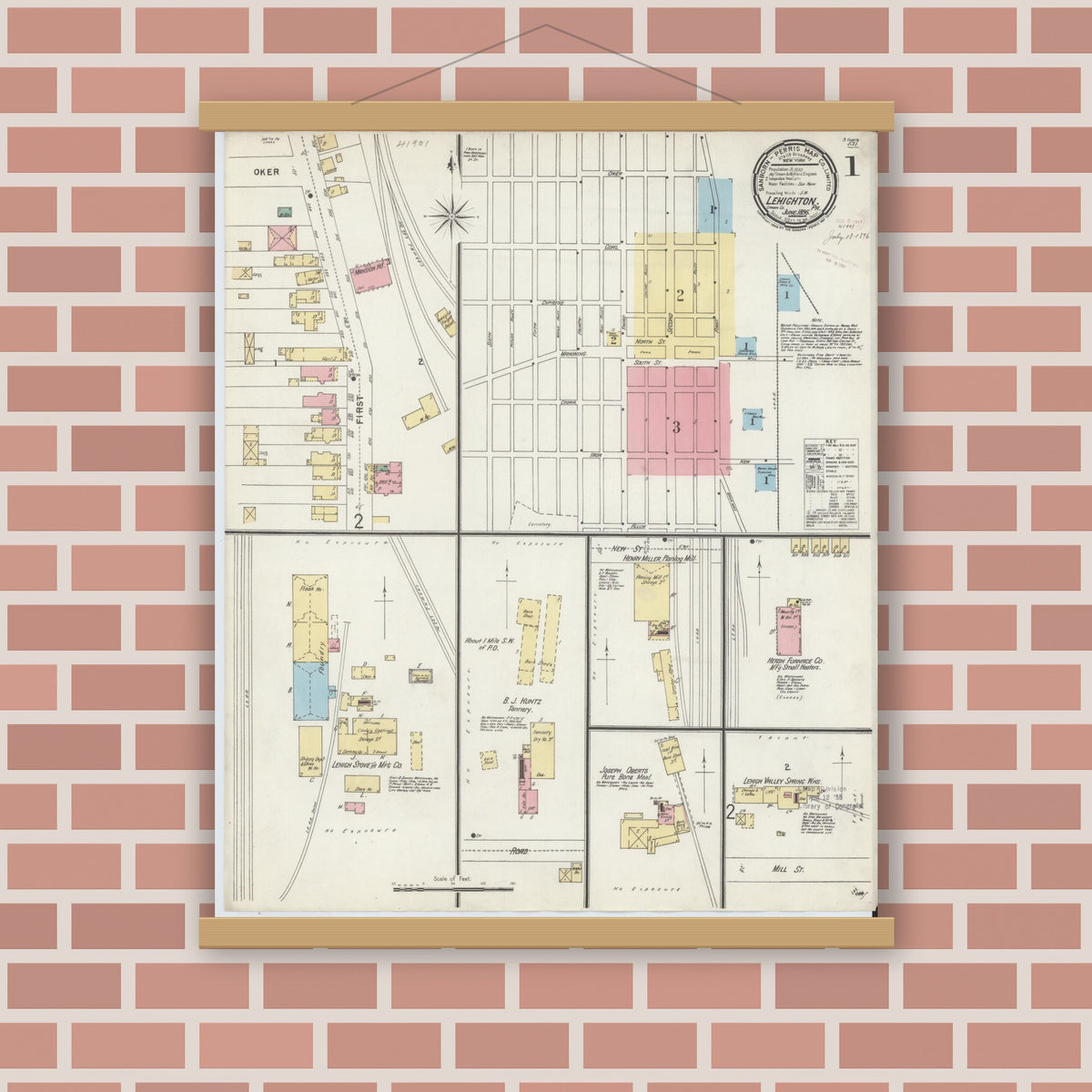 Old map wall art mockup — magnetic wood frame on brick wall — Sanborn Fire Insurance Map from Lehighton, Carbon County, Pennsylvania (1896) - Complete Map Set