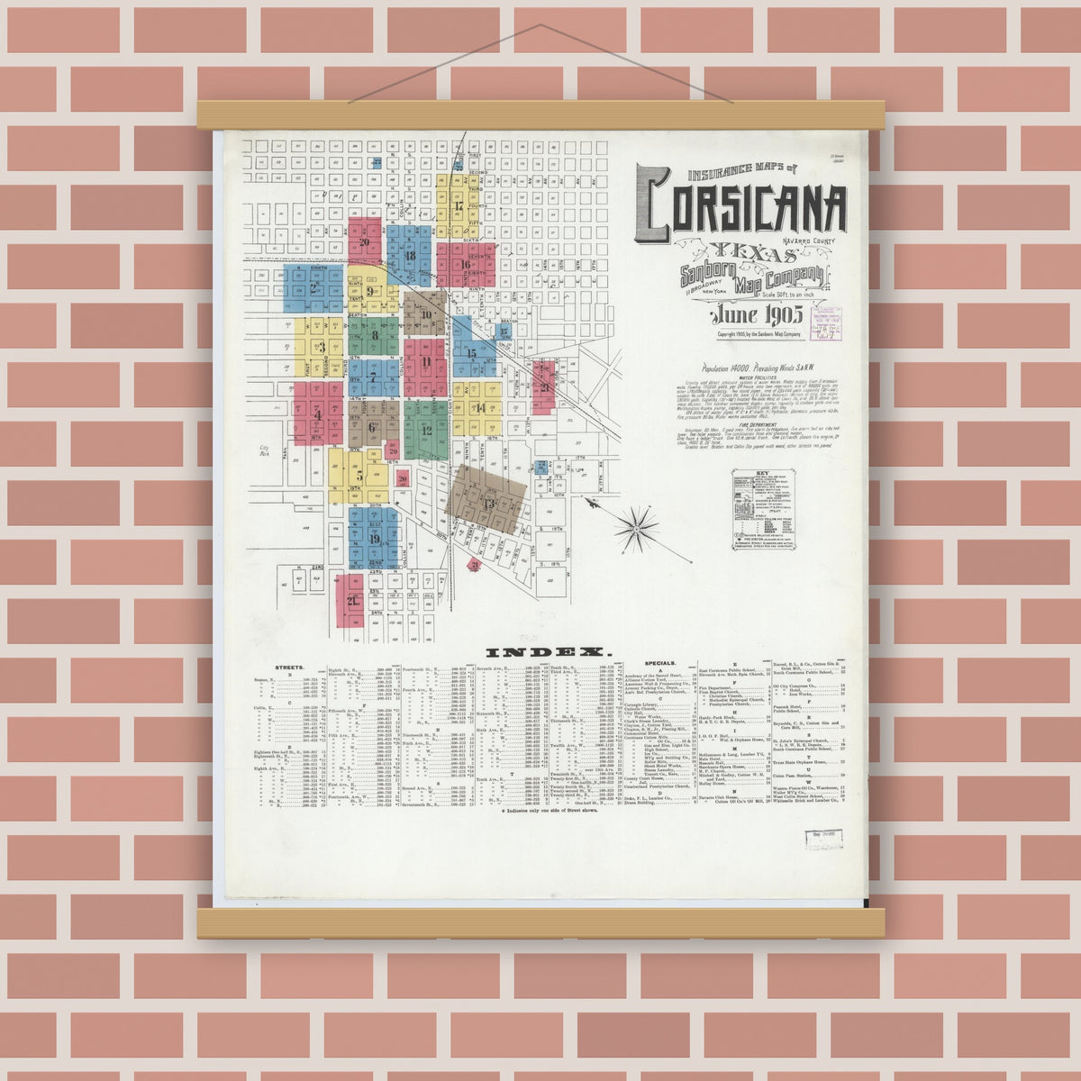 Old map wall art mockup — magnetic wood frame on brick wall — Sanborn Fire Insurance Map from Corsicana, Navarro County, Texas (1905) - Complete Map Set