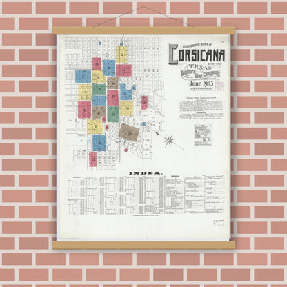 Old map wall art mockup — magnetic wood frame on brick wall — Sanborn Fire Insurance Map from Corsicana, Navarro County, Texas (1905) - Complete Map Set