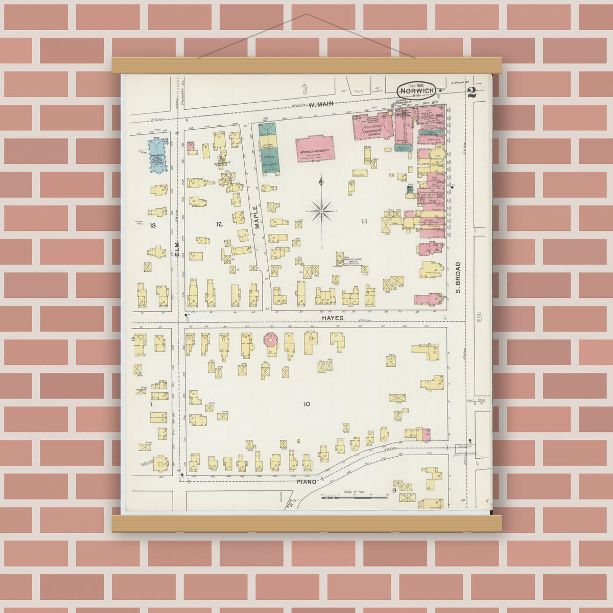 Old map wall art mockup — magnetic wood frame on brick wall — Sanborn Fire Insurance Map from Norwich, Chenango County, New York (1892) - Complete Map Set