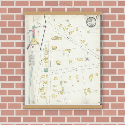Old map wall art mockup — magnetic wood frame on brick wall — Sanborn Fire Insurance Map from Carmel, Putnam County, New York (1898), Sheet #0001