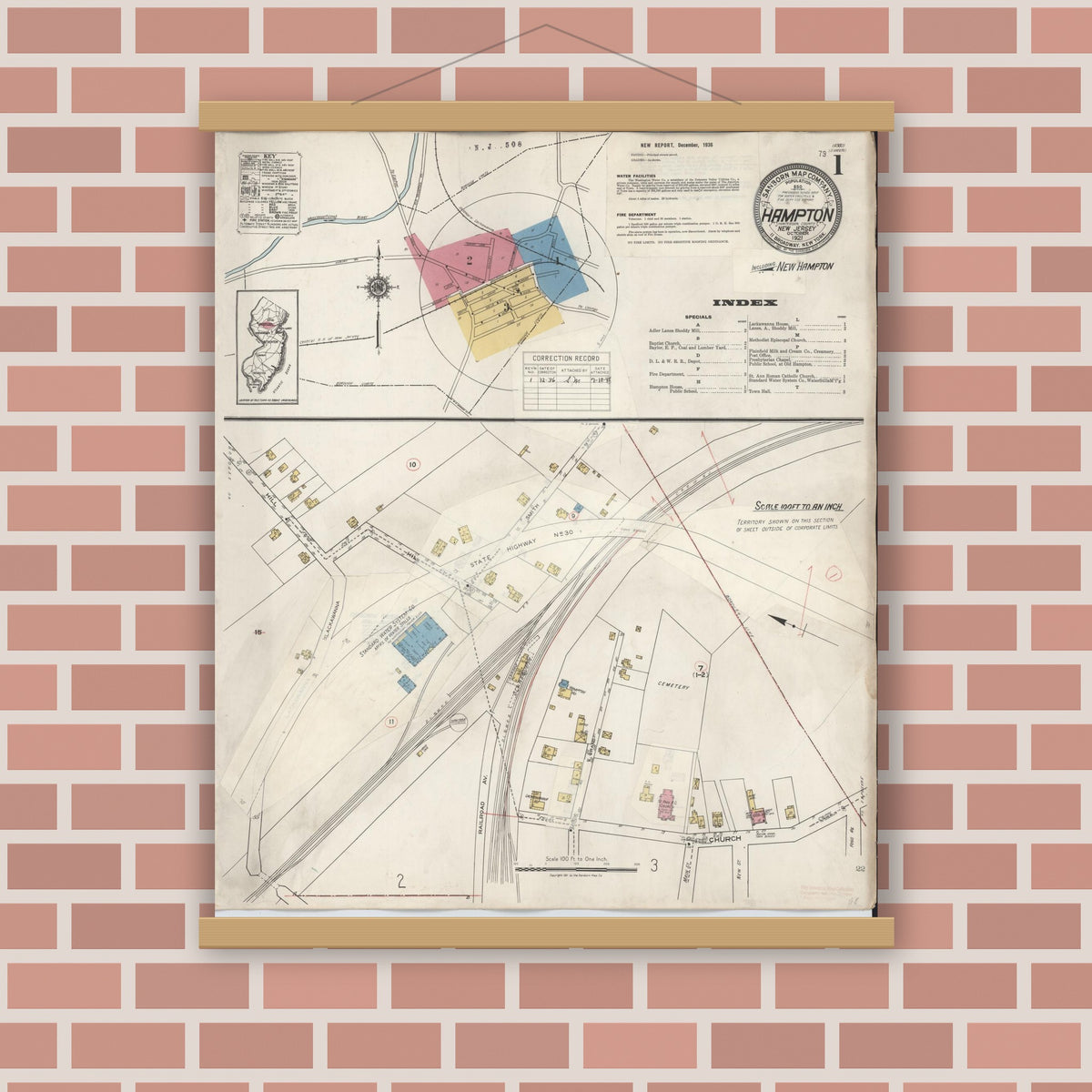 Old map wall art mockup — magnetic wood frame on brick wall — Sanborn Fire Insurance Map from Hampton, Hunterdon County, New Jersey (1936) - Complete Map Set
