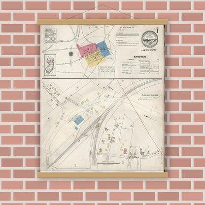 Old map wall art mockup — magnetic wood frame on brick wall — Sanborn Fire Insurance Map from Hampton, Hunterdon County, New Jersey (1936) - Complete Map Set