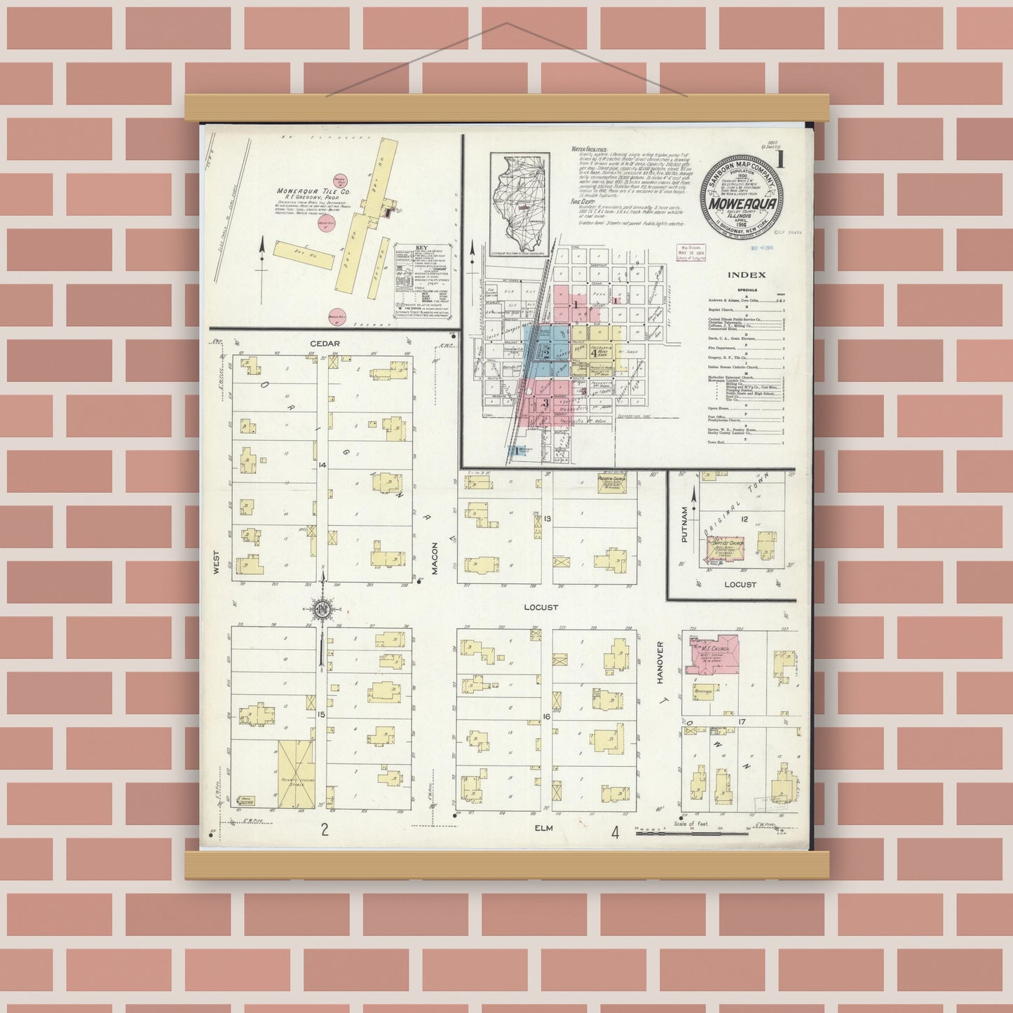 Old map wall art mockup — magnetic wood frame on brick wall — Sanborn Fire Insurance Map from Moweaqua, Shelby County, Illinois (1914) - Complete Map Set