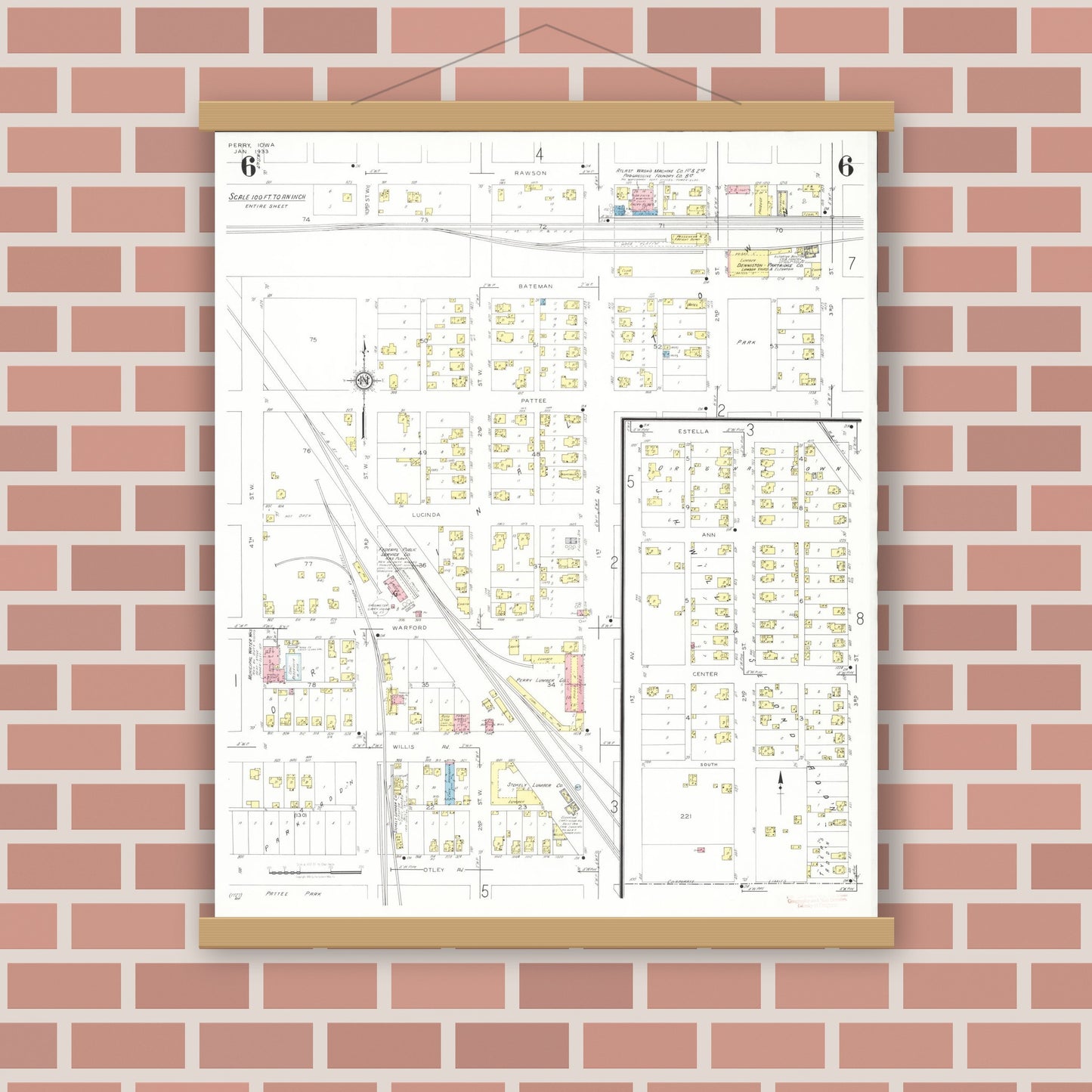 Old map wall art mockup — magnetic wood frame on brick wall — Sanborn Fire Insurance Map from Perry, Dallas County, Iowa (1933), Sheet #0006