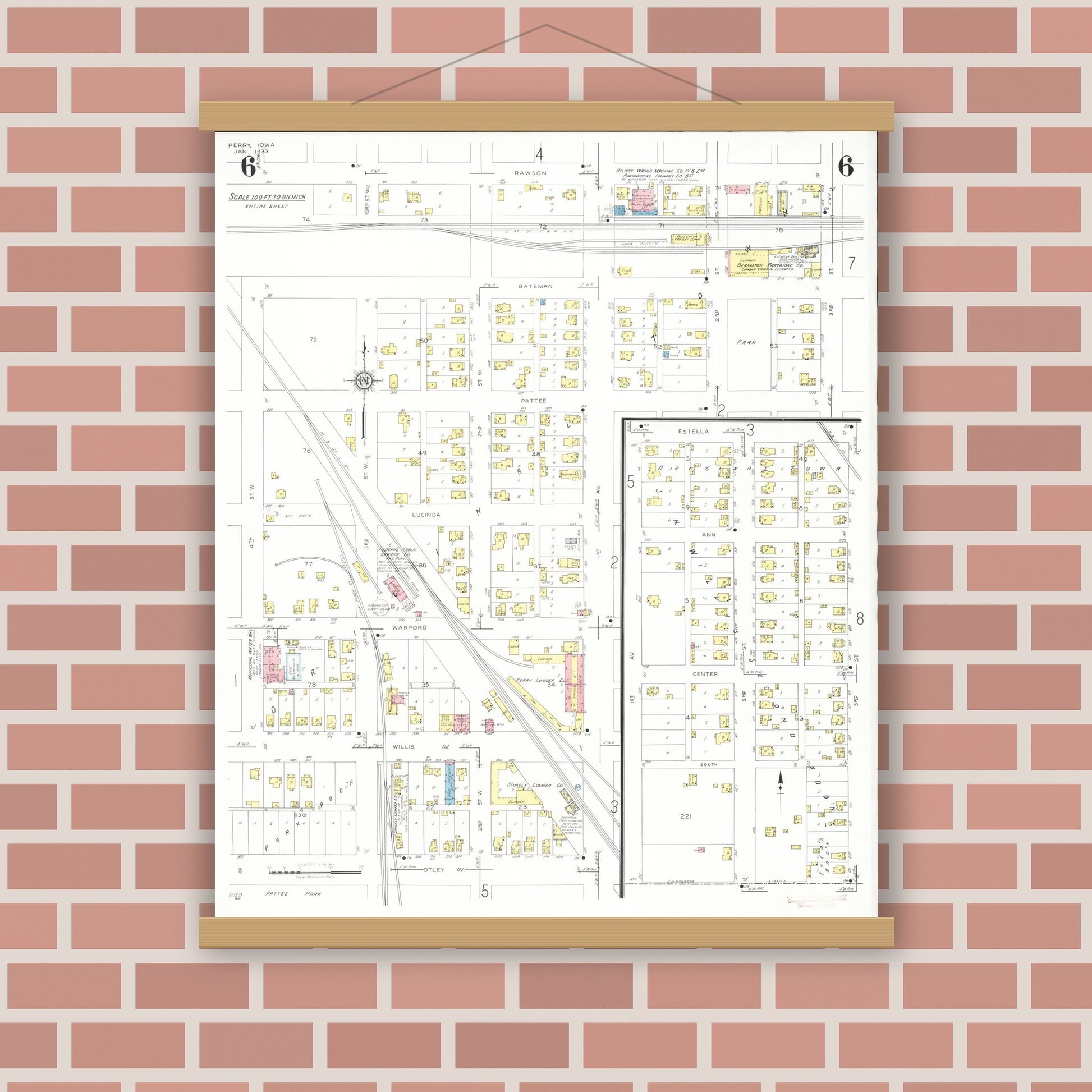 Old map wall art mockup — magnetic wood frame on brick wall — Sanborn Fire Insurance Map from Perry, Dallas County, Iowa (1933), Sheet #0006