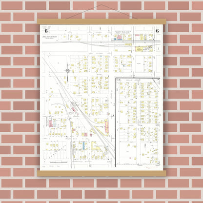 Old map wall art mockup — magnetic wood frame on brick wall — Sanborn Fire Insurance Map from Perry, Dallas County, Iowa (1933), Sheet #0006