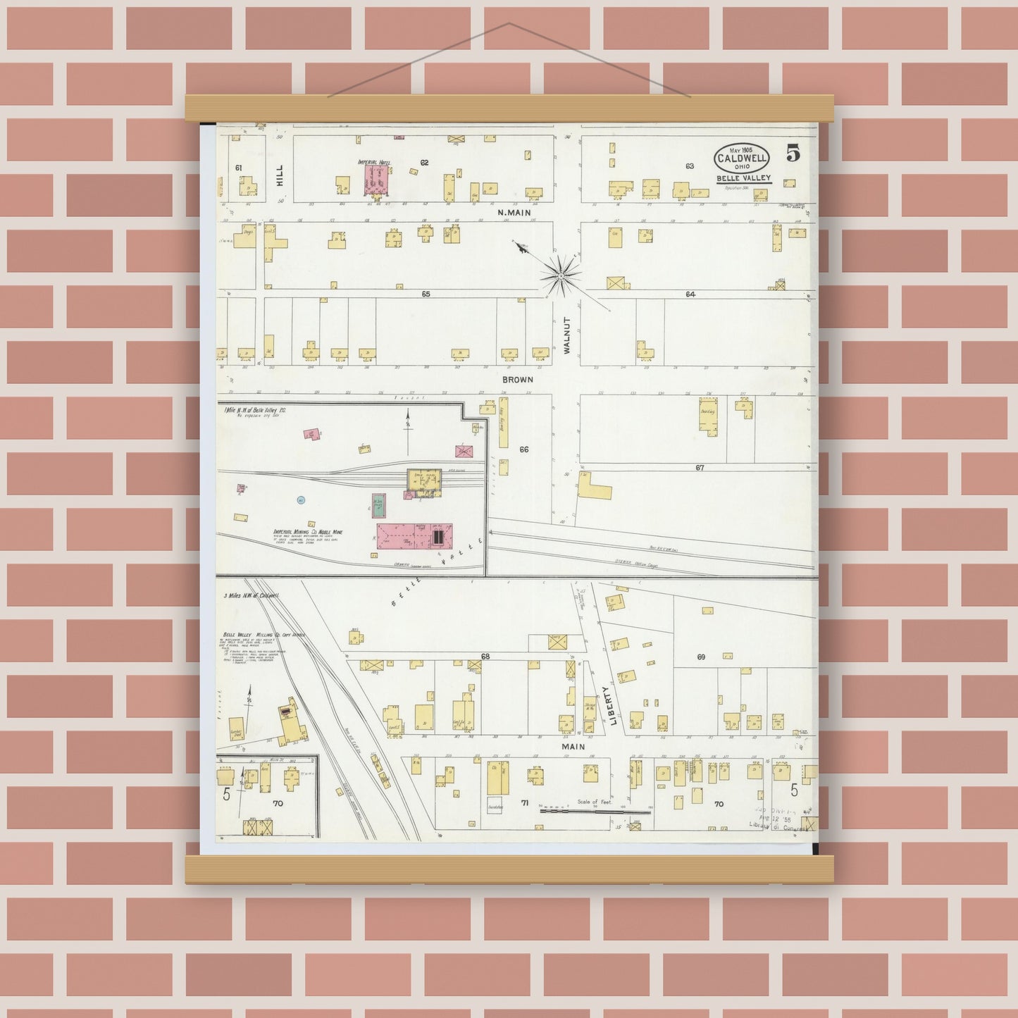 Old map wall art mockup — magnetic wood frame on brick wall — Sanborn Fire Insurance Map from Caldwell, Noble County, Ohio (1905), Sheet #0005