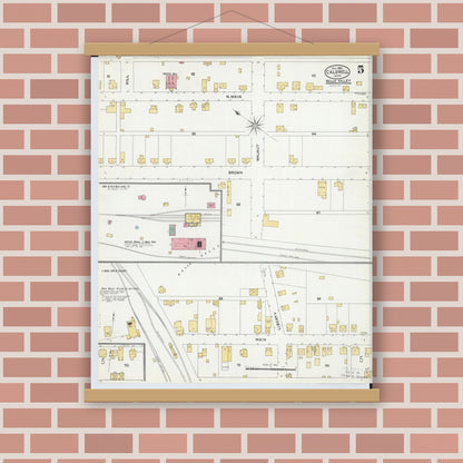Old map wall art mockup — magnetic wood frame on brick wall — Sanborn Fire Insurance Map from Caldwell, Noble County, Ohio (1905), Sheet #0005