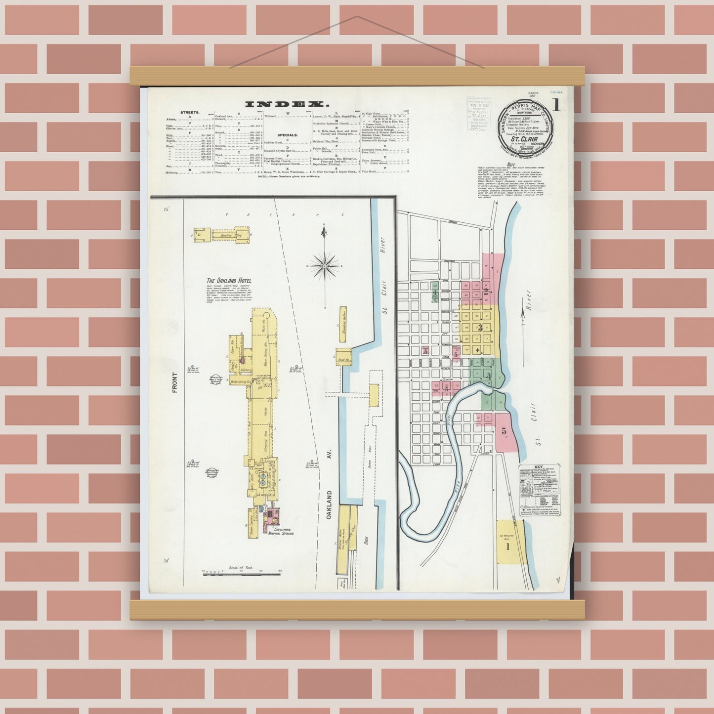 Old map wall art mockup — magnetic wood frame on brick wall — Sanborn Fire Insurance Map from Saint Clair, Saint Clair County, Michigan (1900) - Complete Map Set