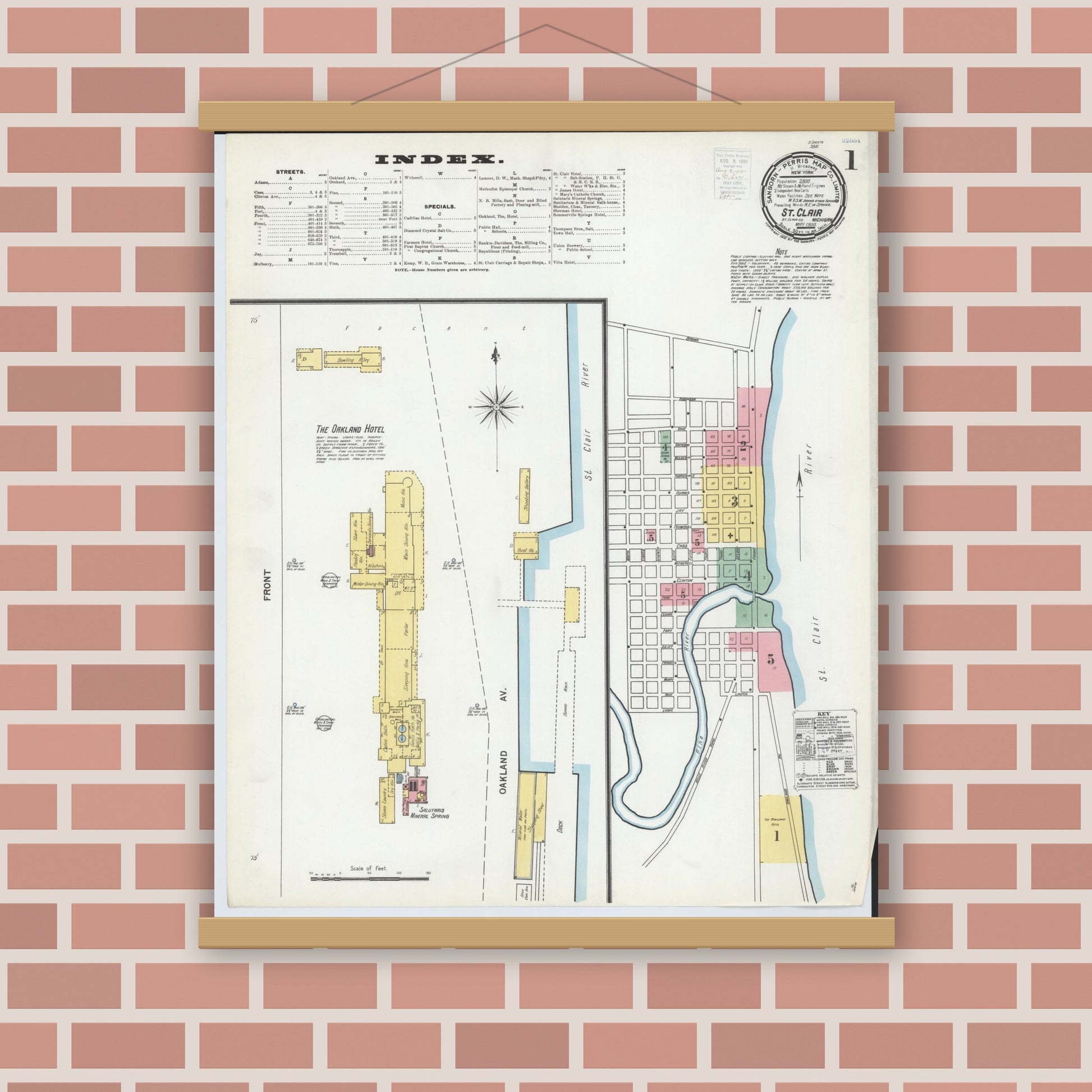 Old map wall art mockup — magnetic wood frame on brick wall — Sanborn Fire Insurance Map from Saint Clair, Saint Clair County, Michigan (1900) - Complete Map Set