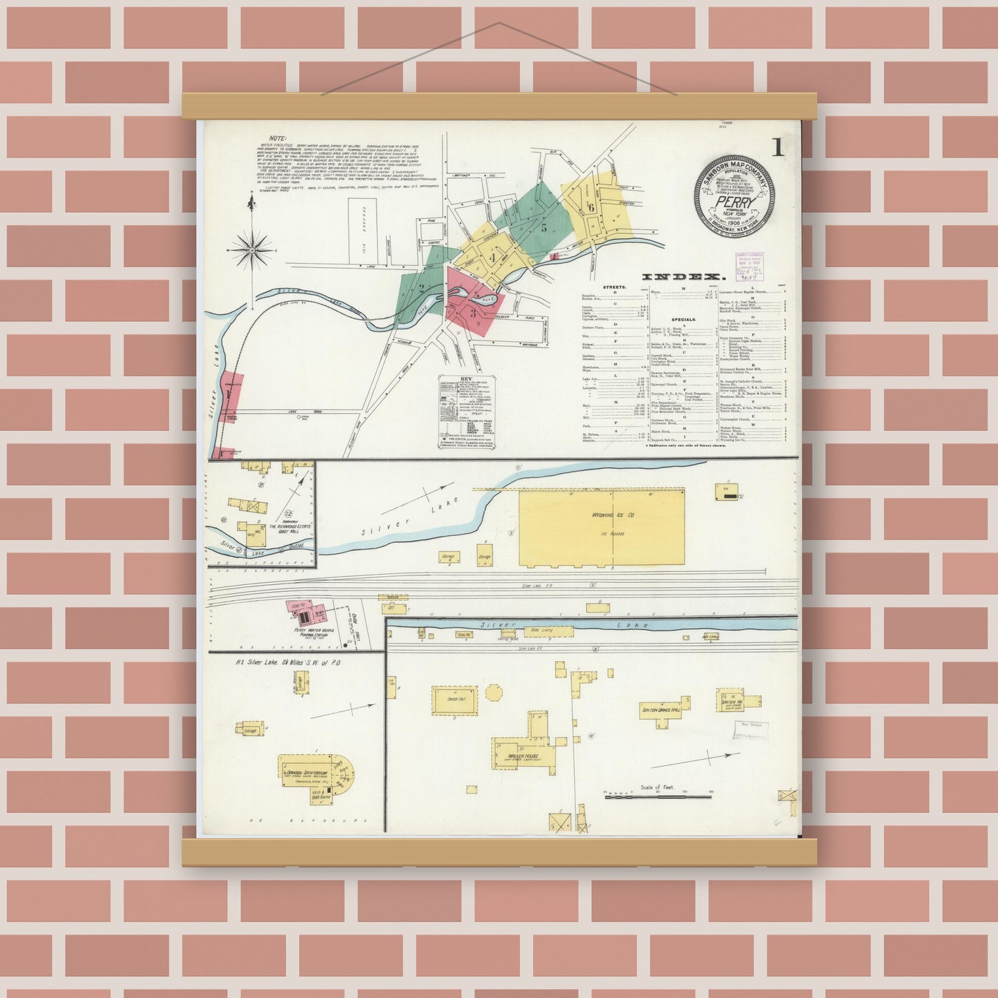 Old map wall art mockup — magnetic wood frame on brick wall — Sanborn Fire Insurance Map from Perry, Wyoming County, New York (1906) - Complete Map Set