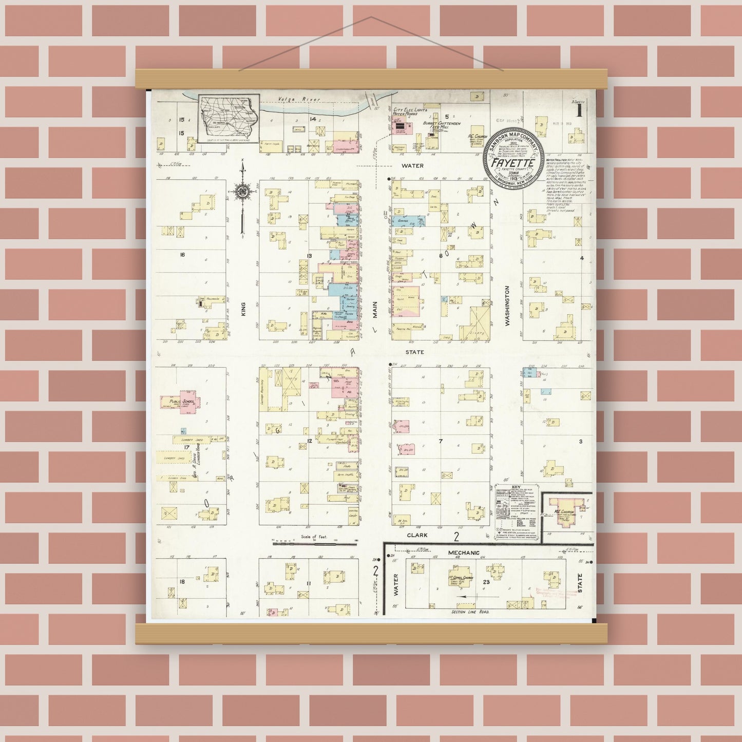 Old map wall art mockup — magnetic wood frame on brick wall — Sanborn Fire Insurance Map from Fayette, Fayette County, Iowa (1913) â€” Complete Set