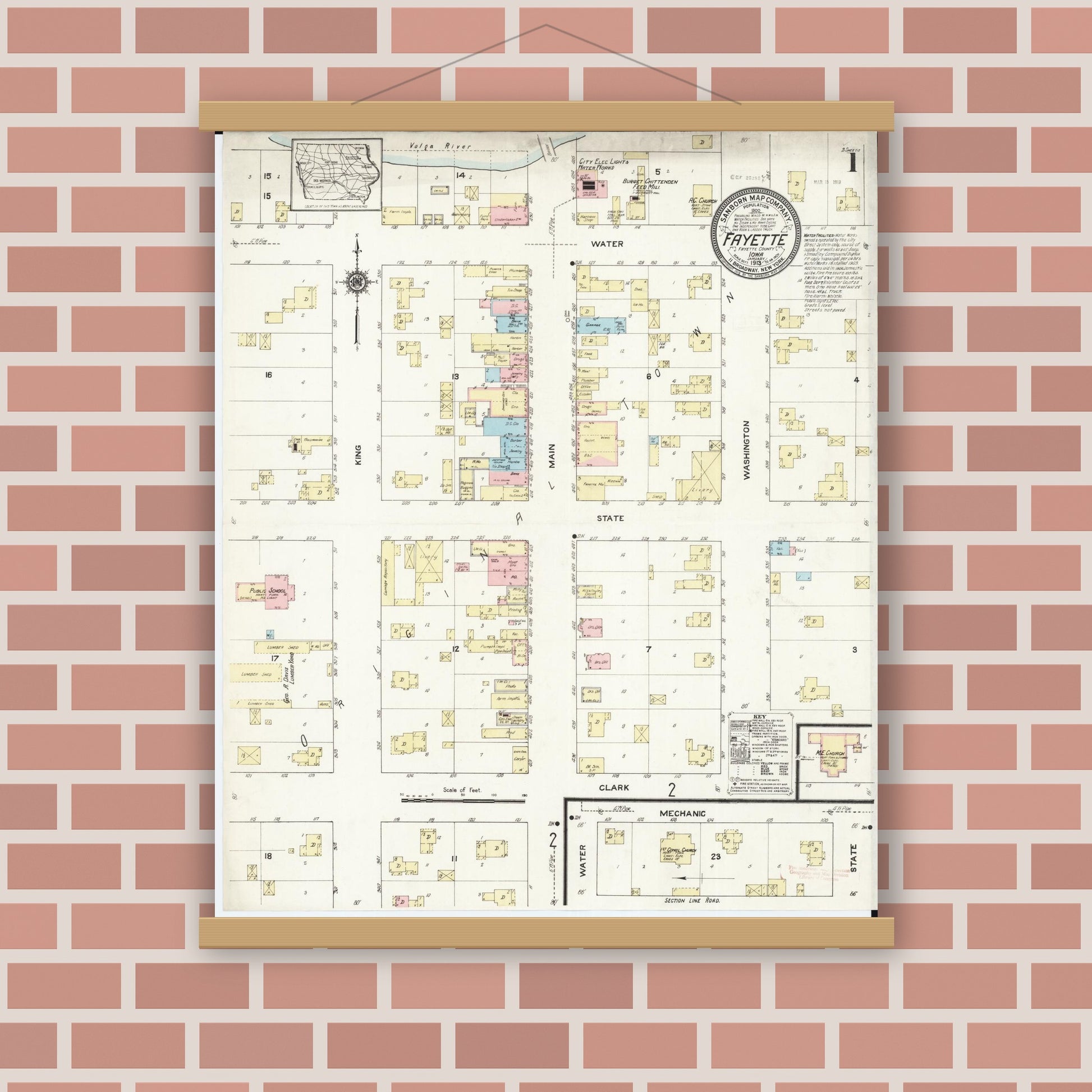 Old map wall art mockup — magnetic wood frame on brick wall — Sanborn Fire Insurance Map from Fayette, Fayette County, Iowa (1913) â€” Complete Set