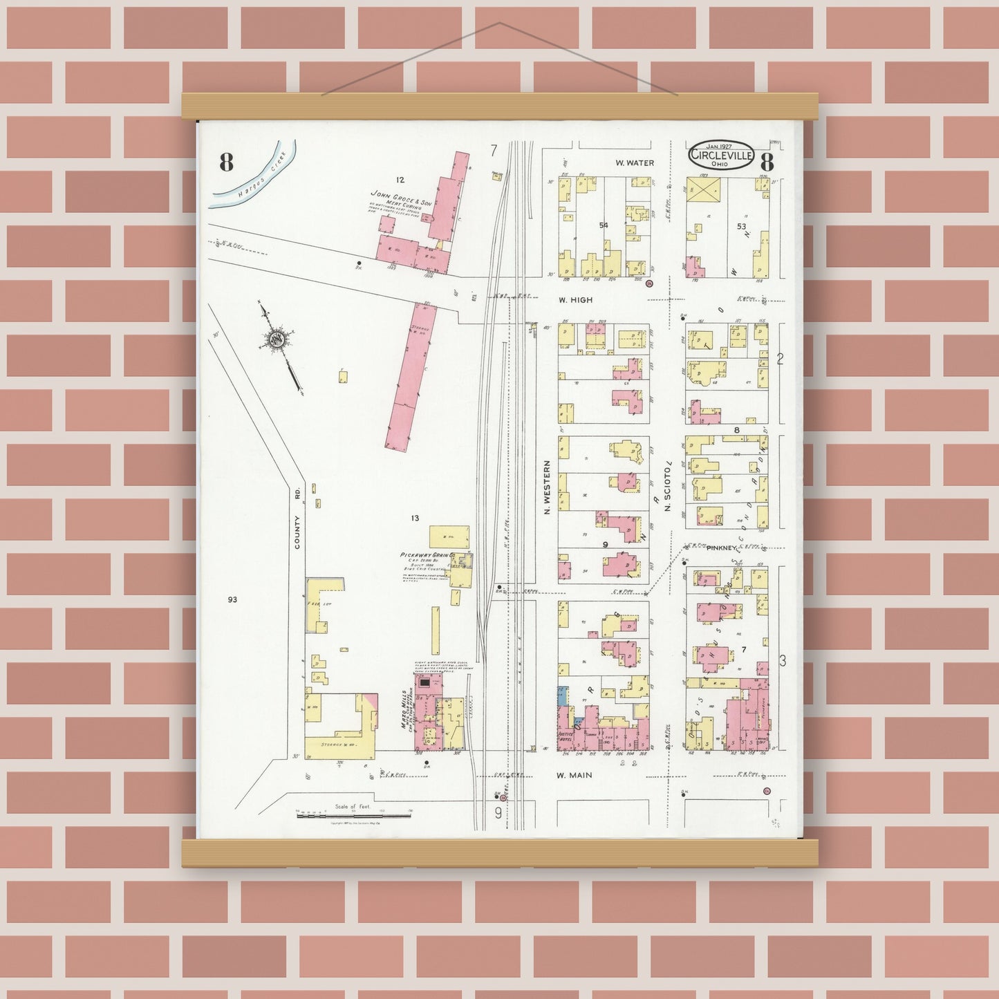 Old map wall art mockup — magnetic wood frame on brick wall — Sanborn Fire Insurance Map from Circleville, Pickaway County, Ohio (1927), Sheet #0008