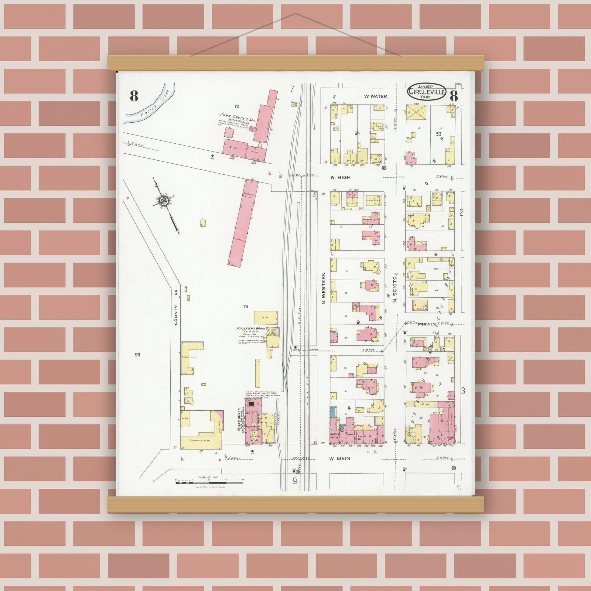 Old map wall art mockup — magnetic wood frame on brick wall — Sanborn Fire Insurance Map from Circleville, Pickaway County, Ohio (1927), Sheet #0008