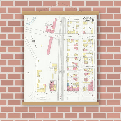 Old map wall art mockup — magnetic wood frame on brick wall — Sanborn Fire Insurance Map from Circleville, Pickaway County, Ohio (1927), Sheet #0008