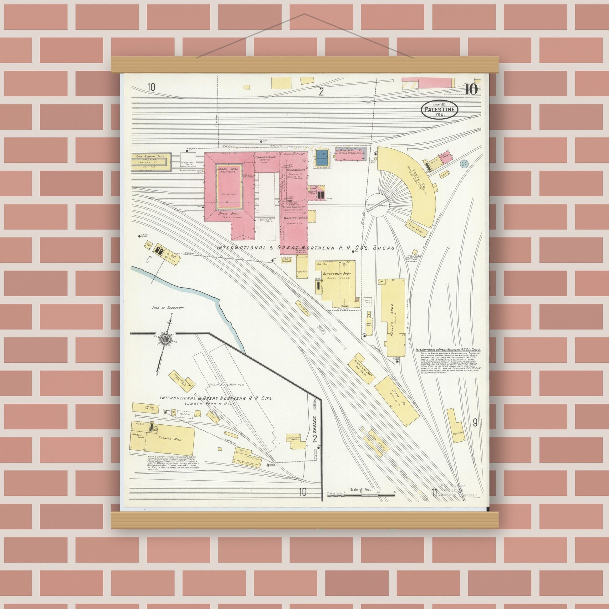 Old map wall art mockup — magnetic wood frame on brick wall — Sanborn Fire Insurance Map from Palestine, Anderson County, Texas (1911), Sheet #0010