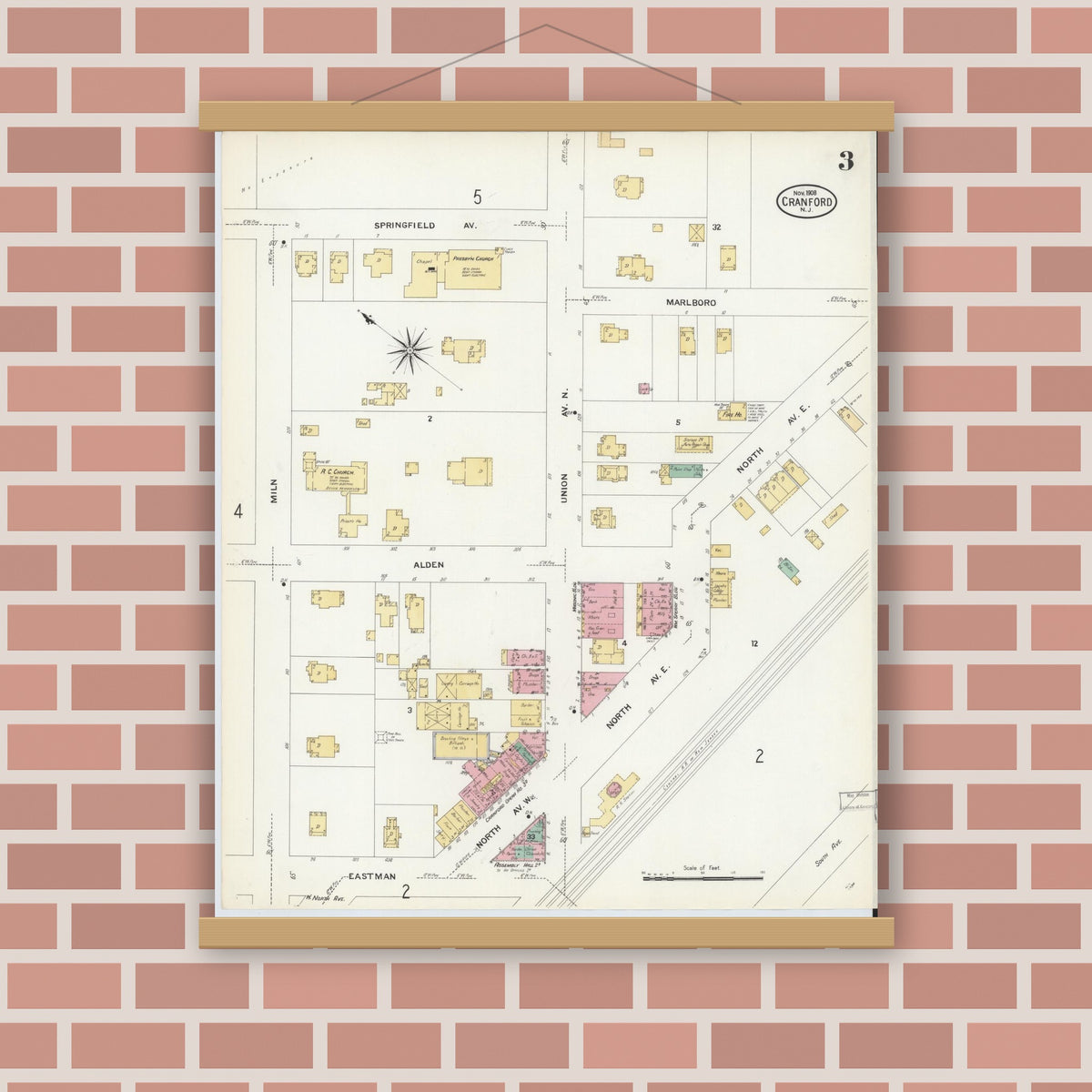 Old map wall art mockup — magnetic wood frame on brick wall — Sanborn Fire Insurance Map from Cranford, Union County, New Jersey (1908), Sheet #0003