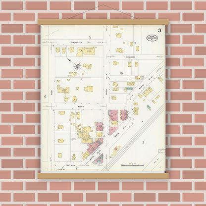 Old map wall art mockup — magnetic wood frame on brick wall — Sanborn Fire Insurance Map from Cranford, Union County, New Jersey (1908), Sheet #0003