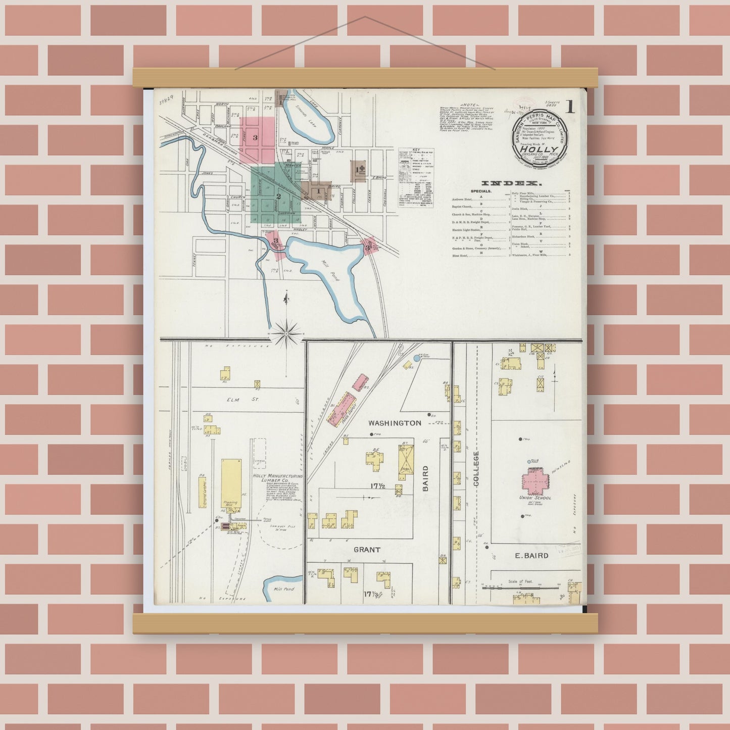 Old map wall art mockup — magnetic wood frame on brick wall — Sanborn Fire Insurance Map from Holly, Oakland County, Michigan (1893) - Complete Map Set