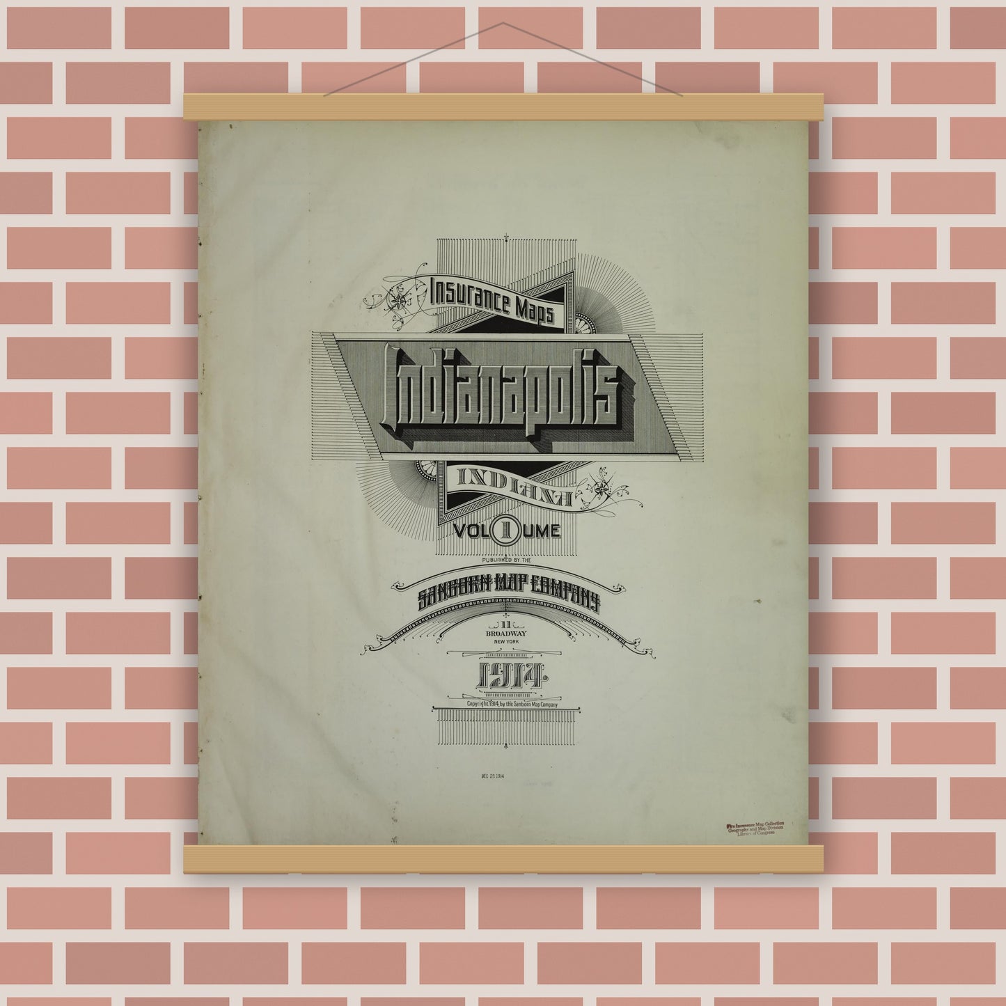 Old map wall art mockup — magnetic wood frame on brick wall — Sanborn Fire Insurance Map from Indianapolis, Marion County, Indiana (1914), Sheet #0001