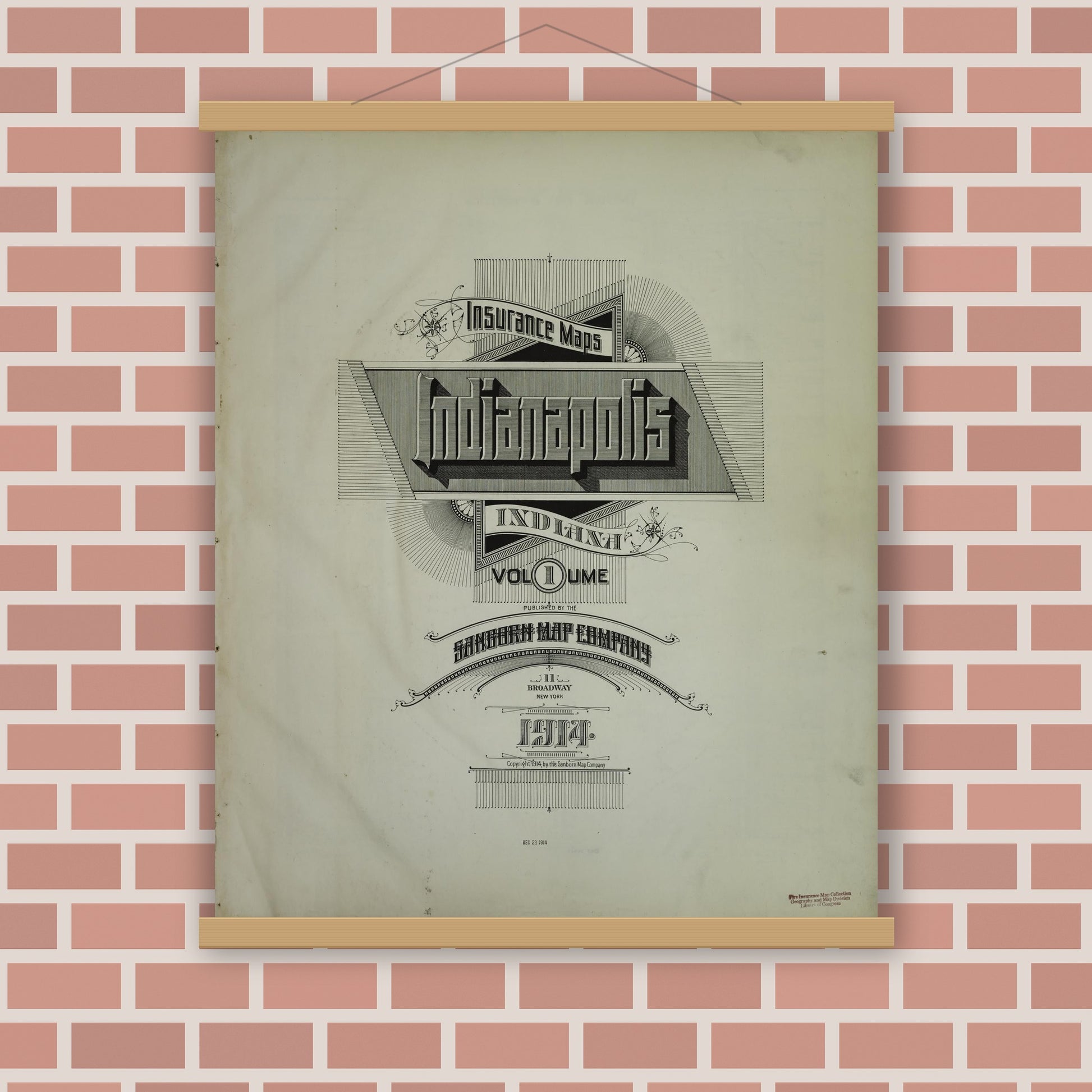 Old map wall art mockup — magnetic wood frame on brick wall — Sanborn Fire Insurance Map from Indianapolis, Marion County, Indiana (1914), Sheet #0001
