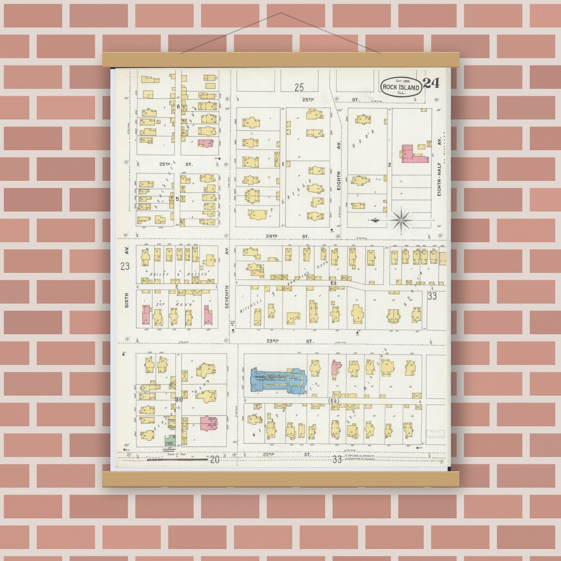Old map wall art mockup — magnetic wood frame on brick wall — Sanborn Fire Insurance Map from Rock Island, Rock Island County, Illinois (1898), Sheet #0024