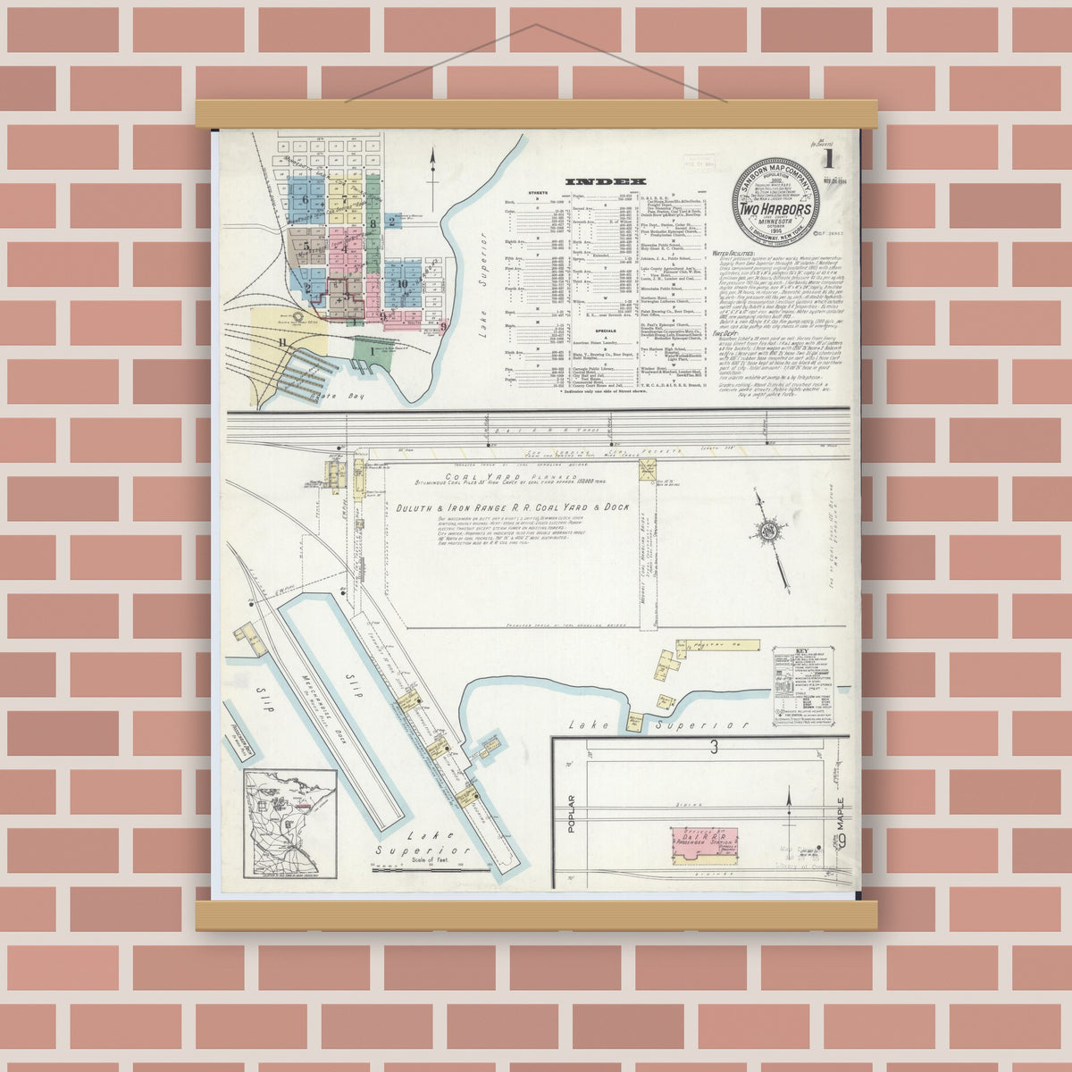 Old map wall art mockup — magnetic wood frame on brick wall — Sanborn Fire Insurance Map from Two Harbors, Lake County, Minnesota (1914), Sheet #0001