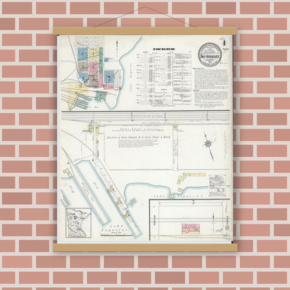 Old map wall art mockup — magnetic wood frame on brick wall — Sanborn Fire Insurance Map from Two Harbors, Lake County, Minnesota (1914), Sheet #0001