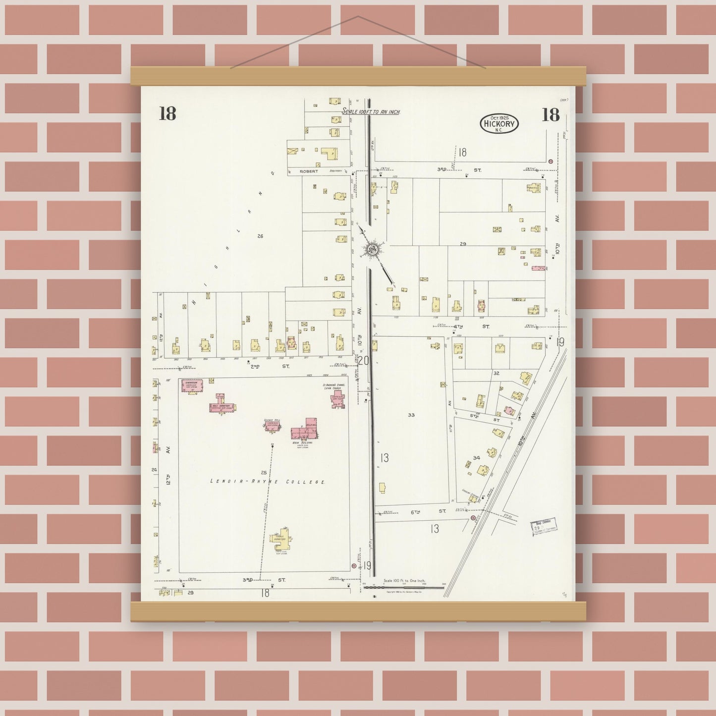 Old map wall art mockup — magnetic wood frame on brick wall — Sanborn Fire Insurance Map from Hickory, Catawba County, North Carolina (1925), Sheet #0018
