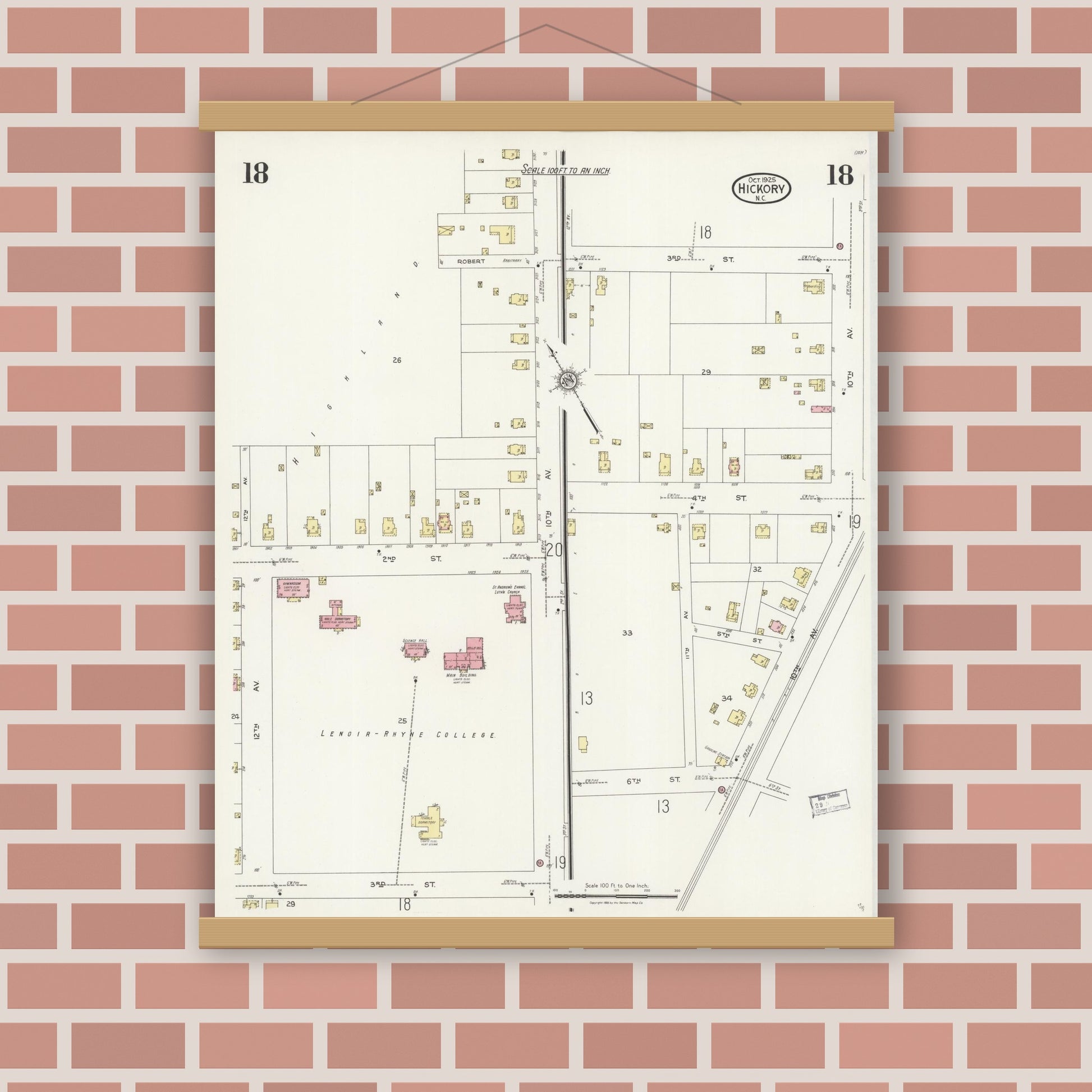 Old map wall art mockup — magnetic wood frame on brick wall — Sanborn Fire Insurance Map from Hickory, Catawba County, North Carolina (1925), Sheet #0018