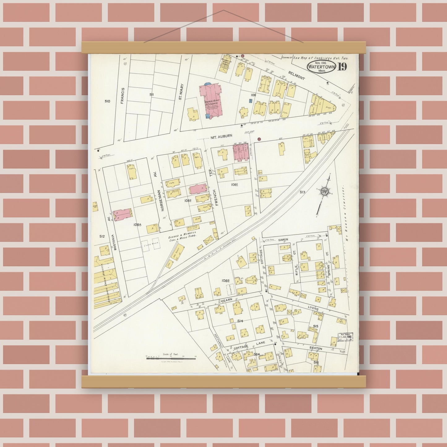 Old map wall art mockup — magnetic wood frame on brick wall — Sanborn Fire Insurance Map from Watertown, Middlesex County, Massachusetts (1916), Sheet #0019