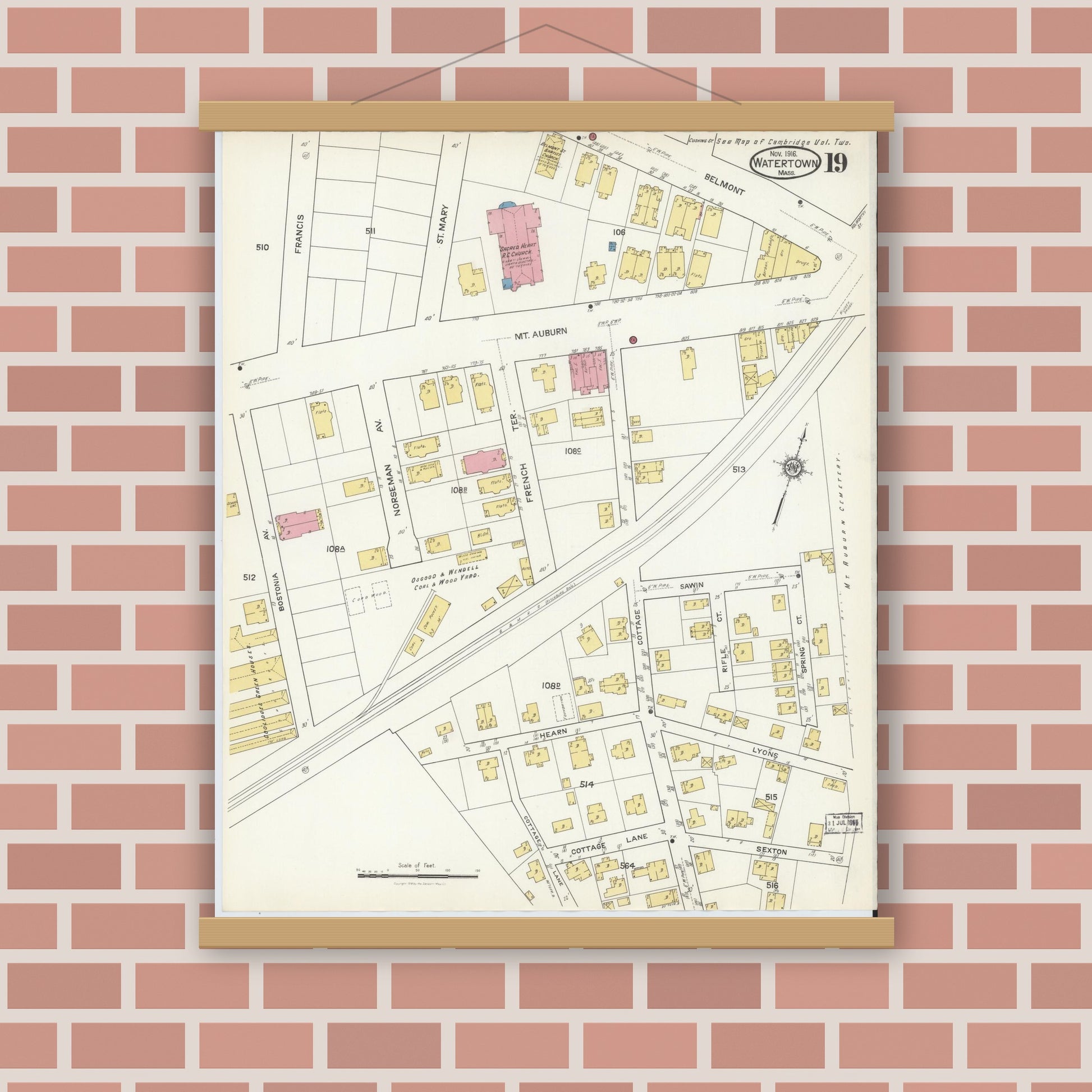 Old map wall art mockup — magnetic wood frame on brick wall — Sanborn Fire Insurance Map from Watertown, Middlesex County, Massachusetts (1916), Sheet #0019