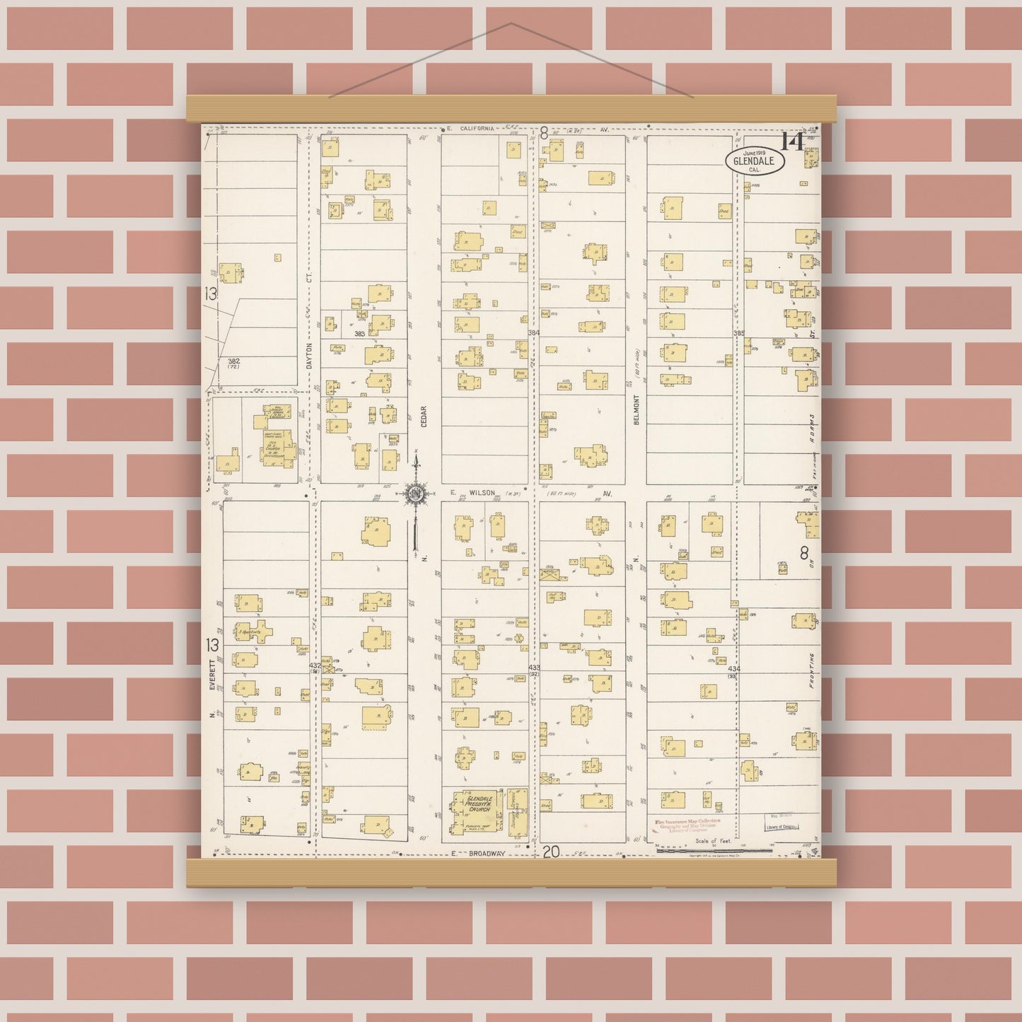 Old map wall art mockup — magnetic wood frame on brick wall — Sanborn Fire Insurance Map from Glendale, Los Angeles County, California (1919), Sheet #0014