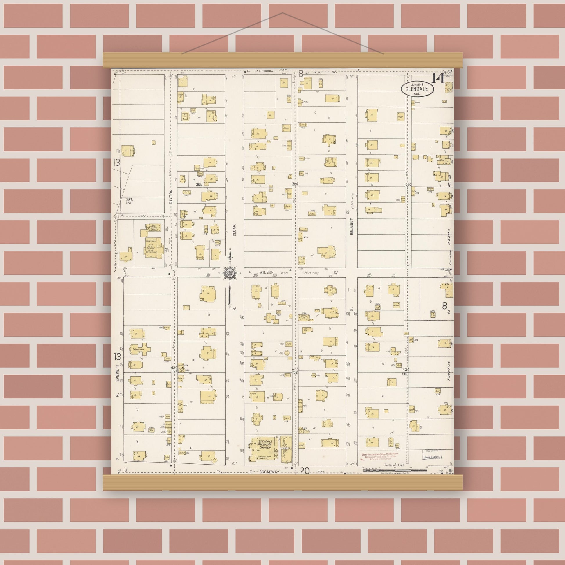 Old map wall art mockup — magnetic wood frame on brick wall — Sanborn Fire Insurance Map from Glendale, Los Angeles County, California (1919), Sheet #0014