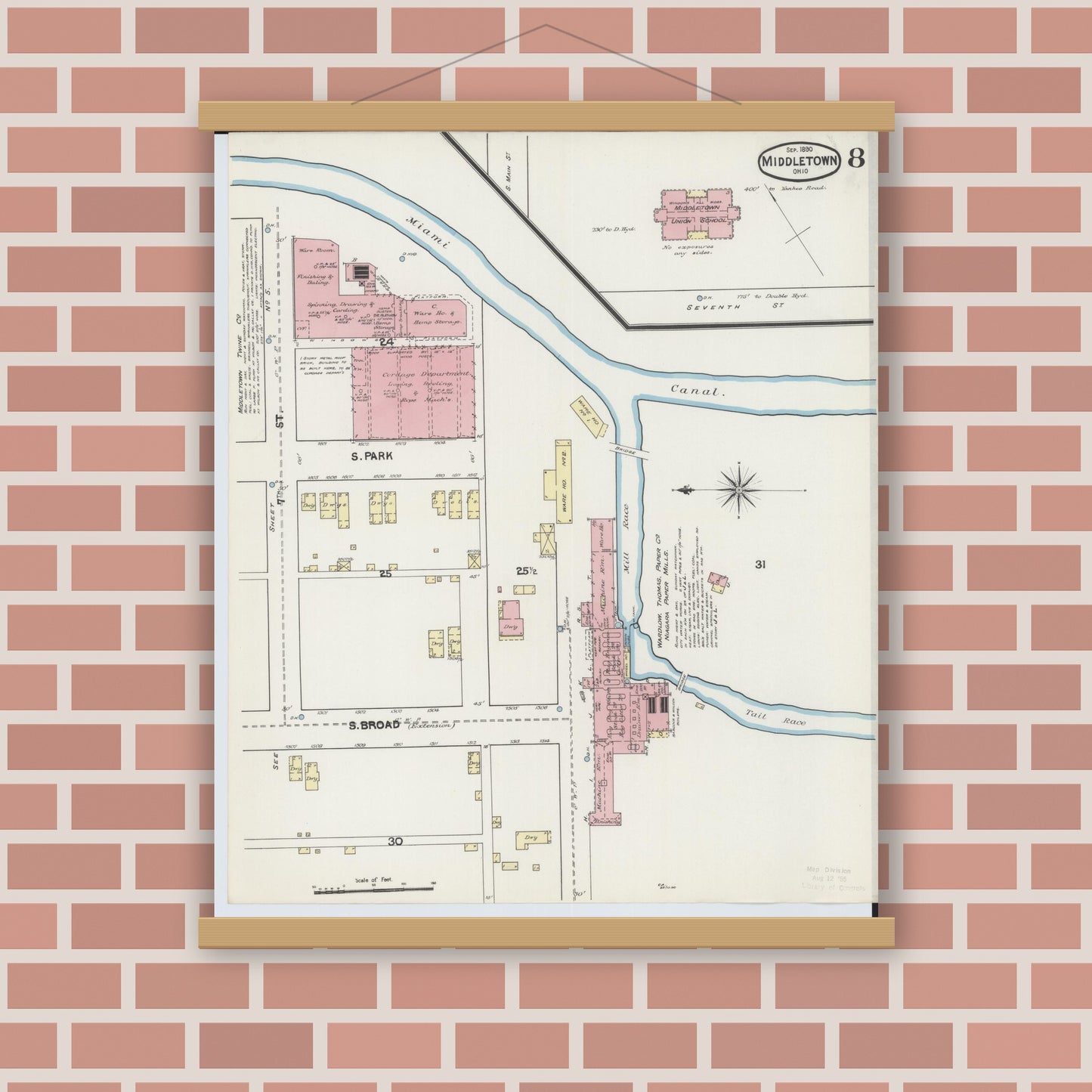 Old map wall art mockup — magnetic wood frame on brick wall — Sanborn Fire Insurance Map from Middletown, Butler County, Ohio (1890), Sheet #0008