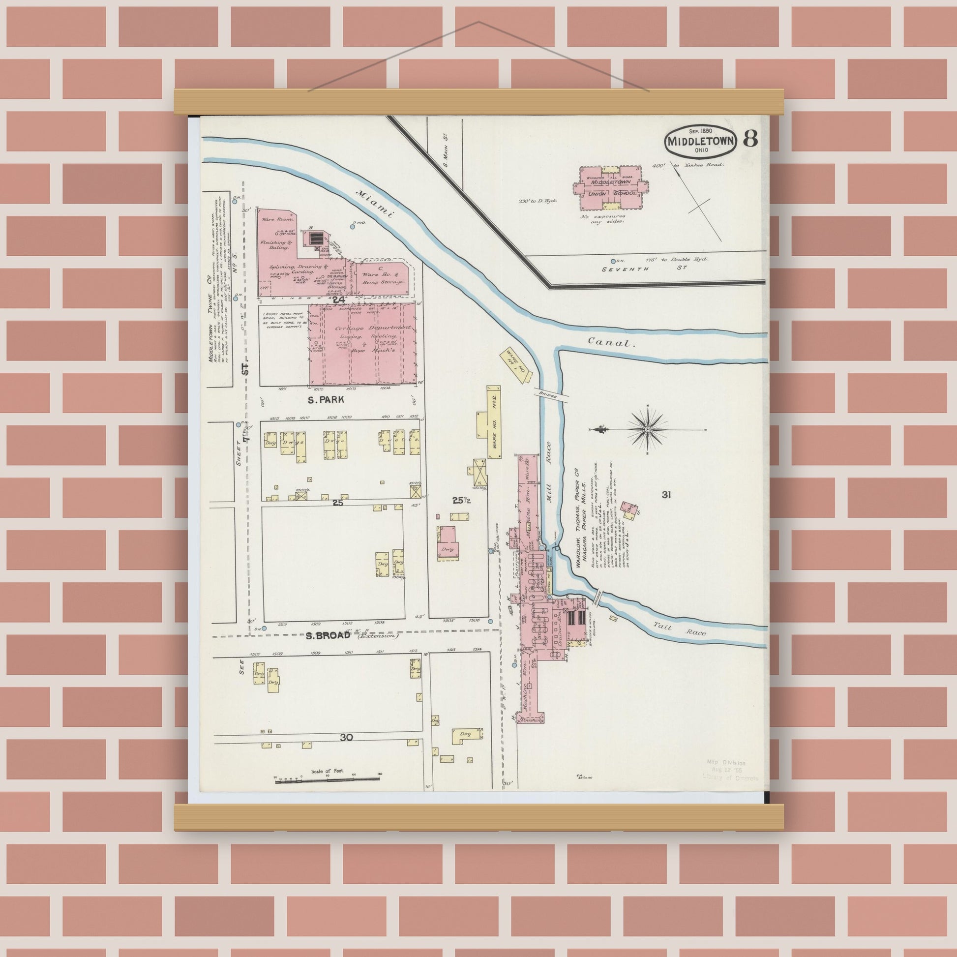 Old map wall art mockup — magnetic wood frame on brick wall — Sanborn Fire Insurance Map from Middletown, Butler County, Ohio (1890), Sheet #0008