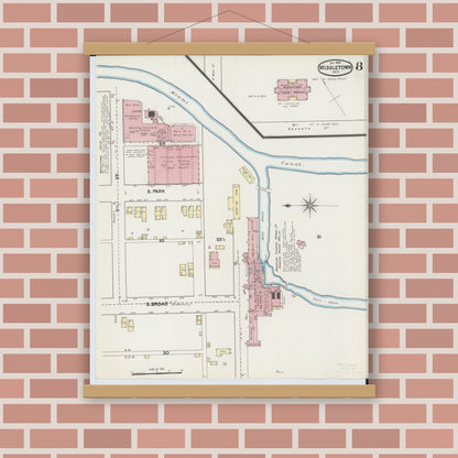 Old map wall art mockup — magnetic wood frame on brick wall — Sanborn Fire Insurance Map from Middletown, Butler County, Ohio (1890), Sheet #0008